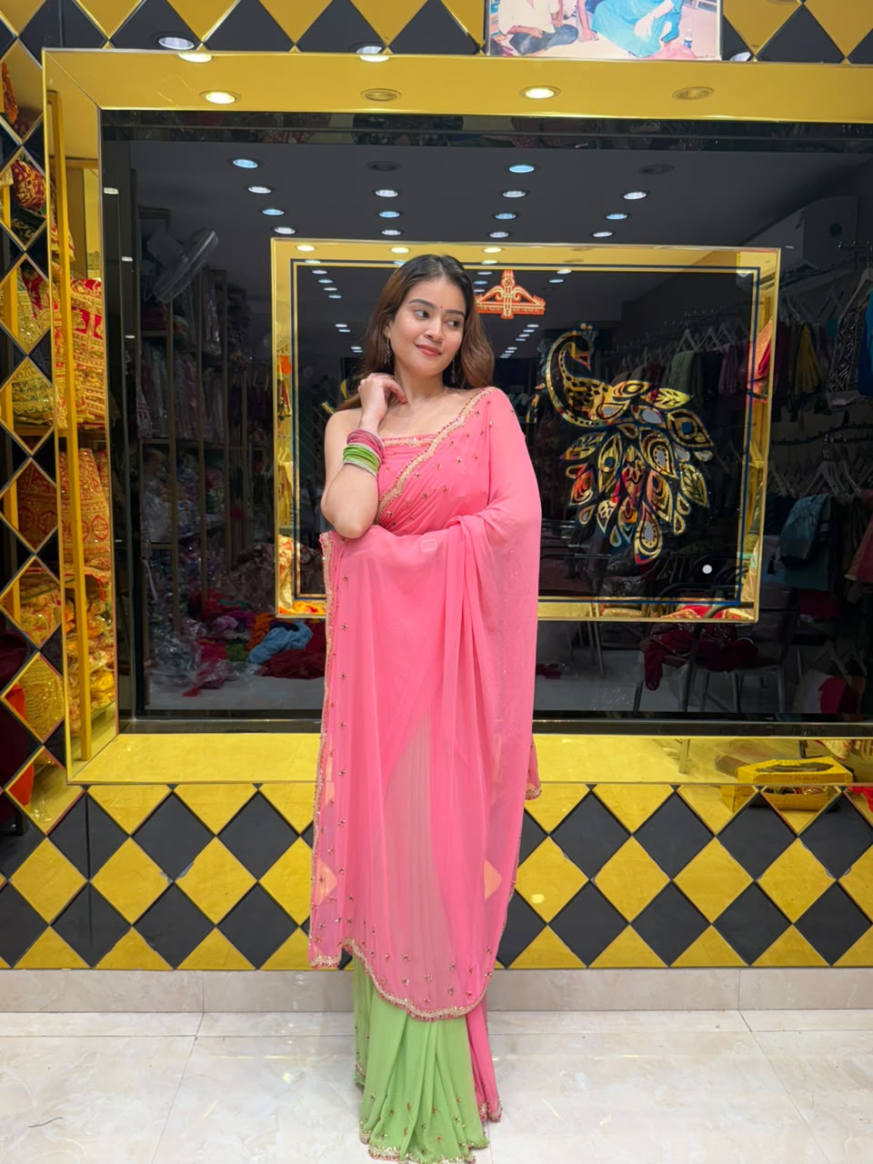 Neon Pink & Green Diamond & Katdana Handcrafted Saree (439)