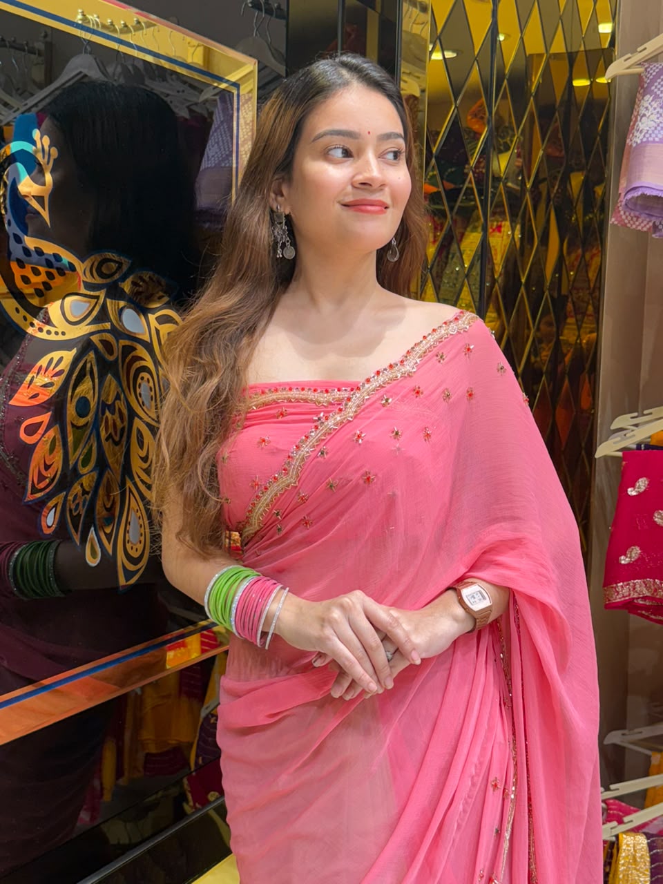Neon Pink & Green Diamond & Katdana Handcrafted Saree (439)