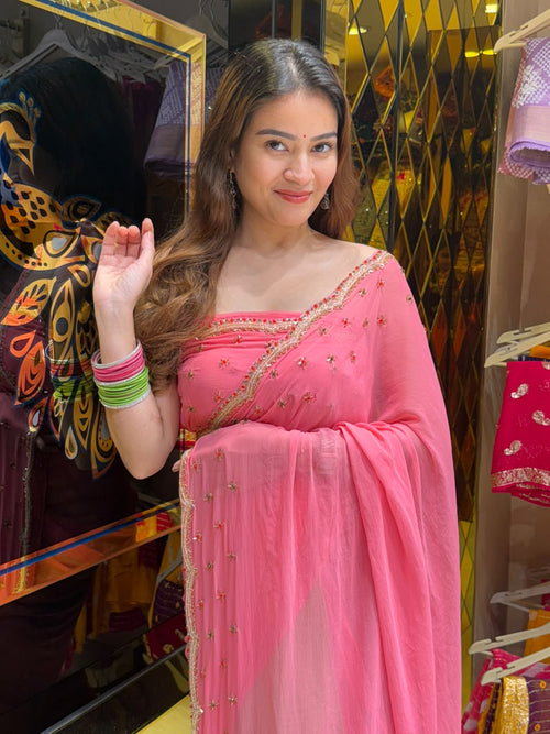 Neon Pink & Green Diamond & Katdana Handcrafted Saree (439)