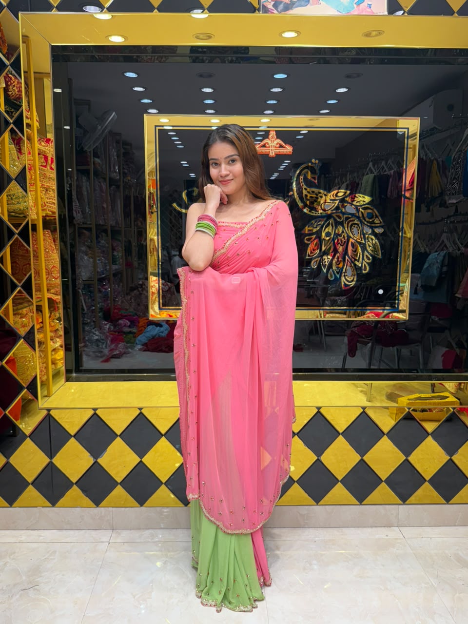 Neon Pink & Green Diamond & Katdana Handcrafted Saree (439)