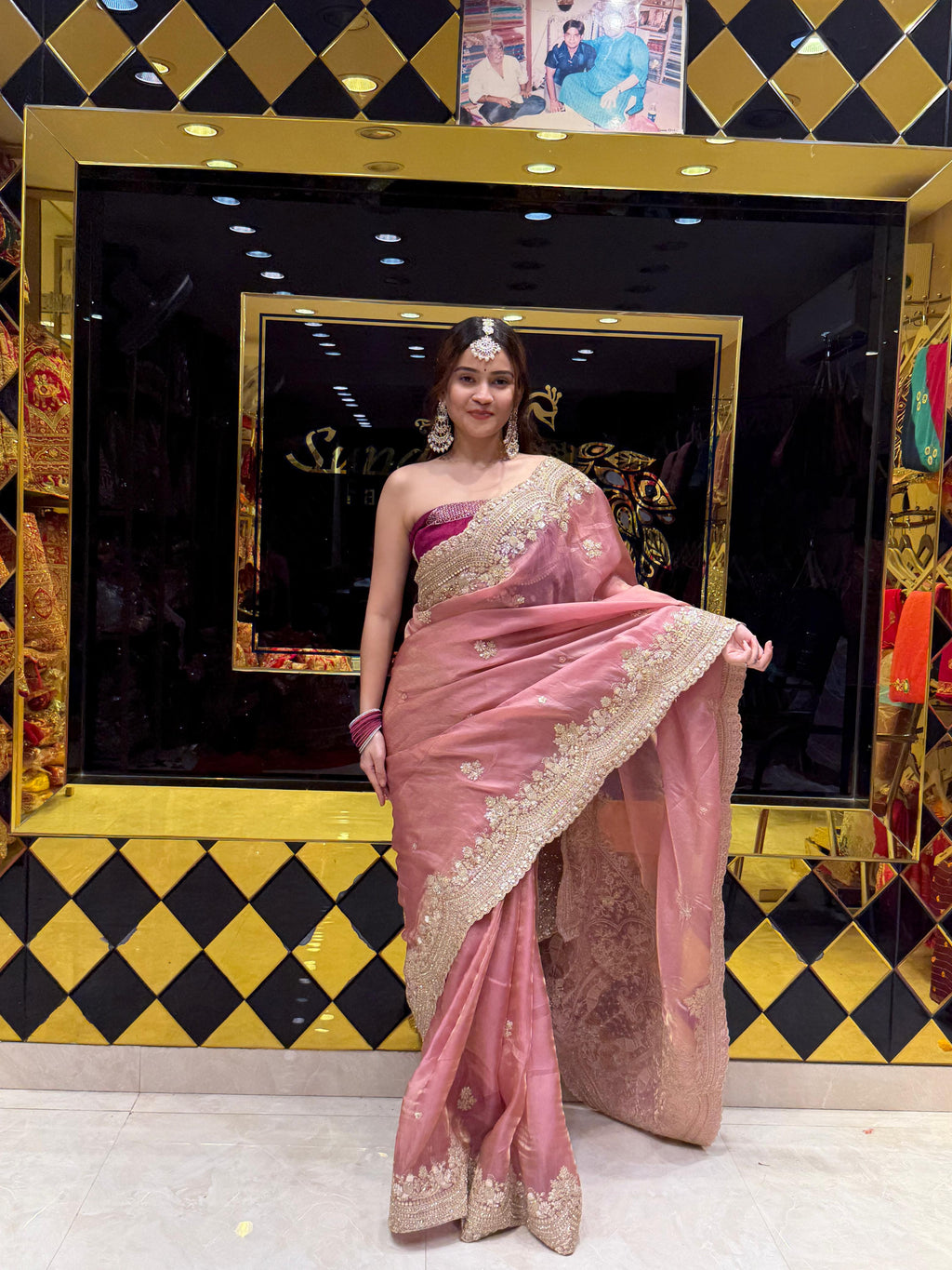 Glass Silk Pink Multiwork Handcrafted Saree (438)