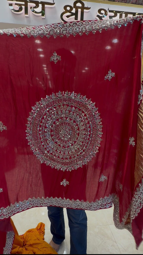Red Yellow Gajji Silk Pearl Designer Saree (441)