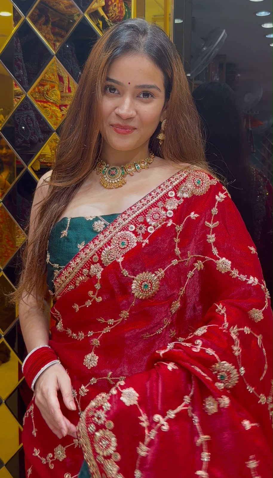 Bright Red Multiwork Designer Saree (442)
