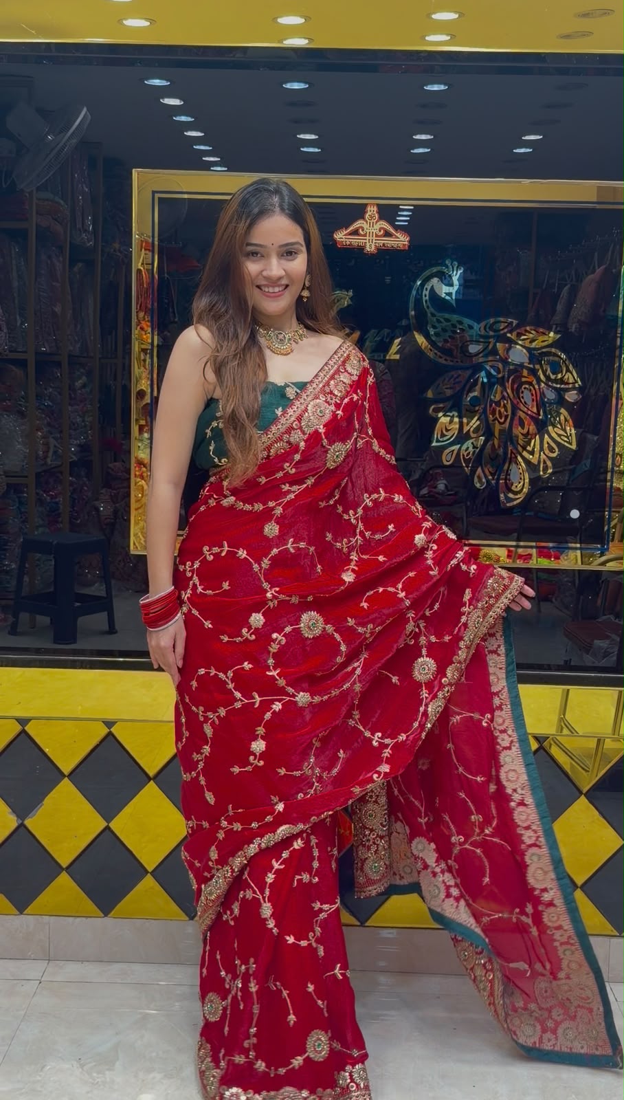 Bright Red Multiwork Designer Saree (442)