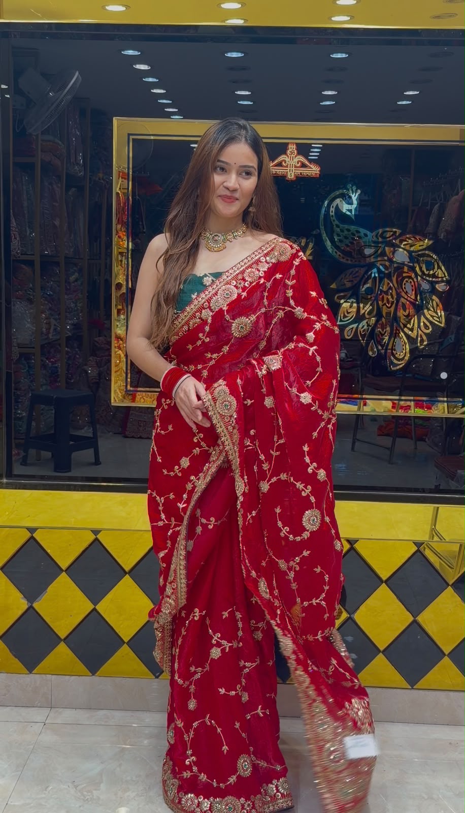Bright Red Multiwork Designer Saree (442)