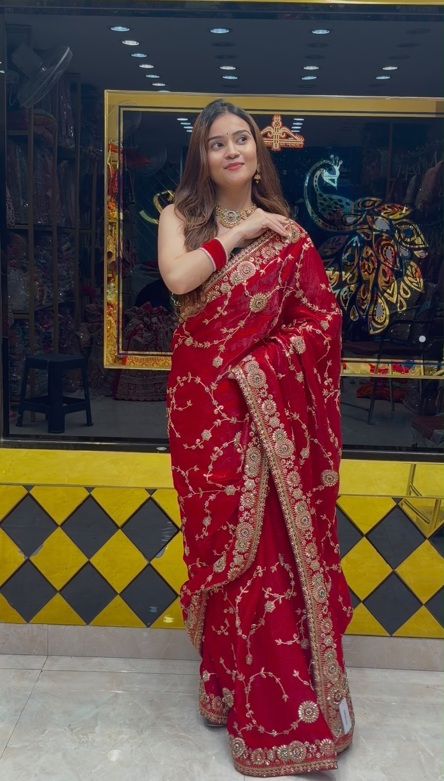 Bright Red Multiwork Designer Saree (442)