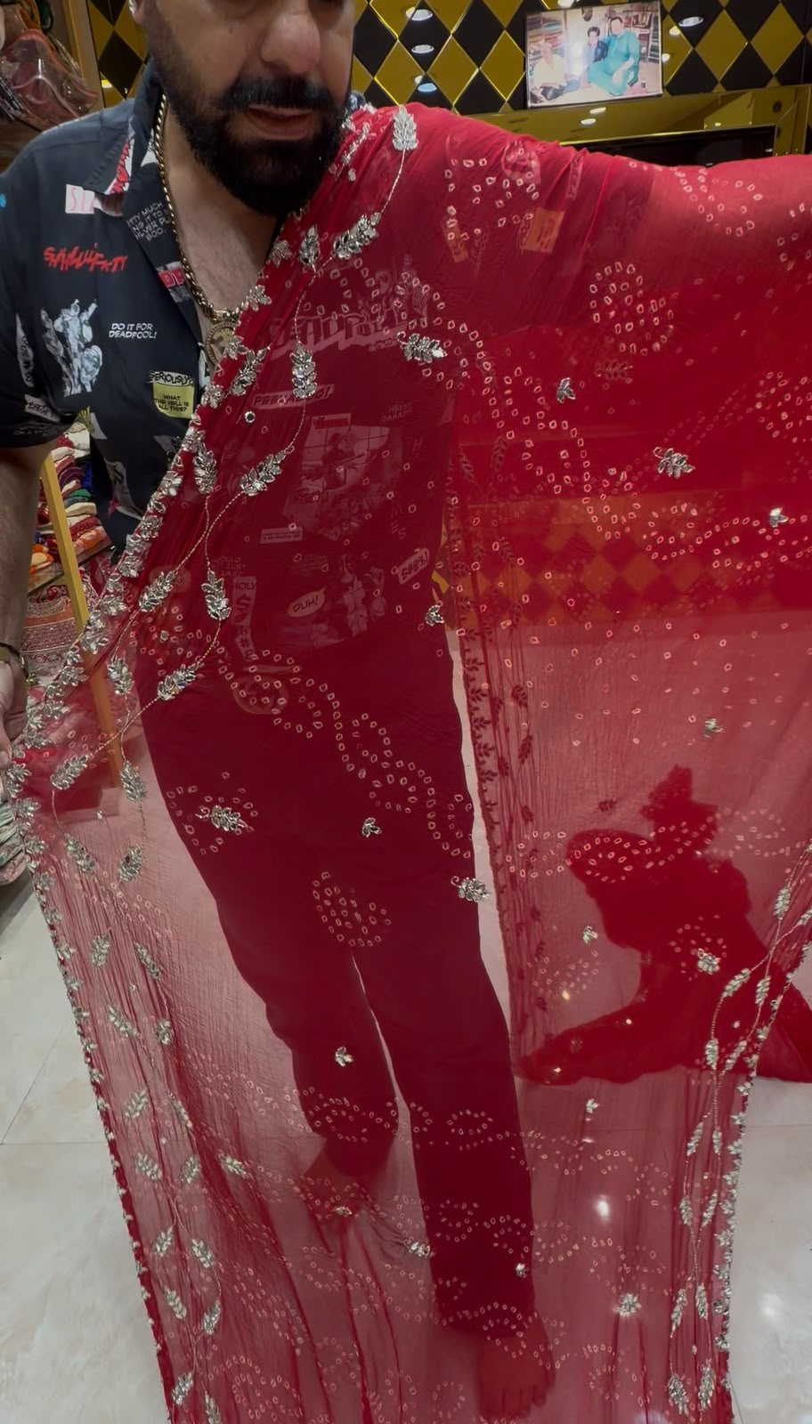 Red Bandhej Katdana & Mirror Handcrafted Saree (444)