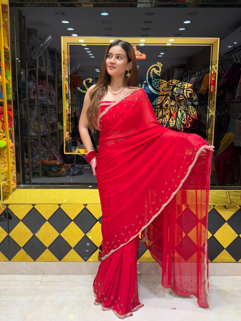 Red Diamond & Katdana Handcrafted Saree (449)