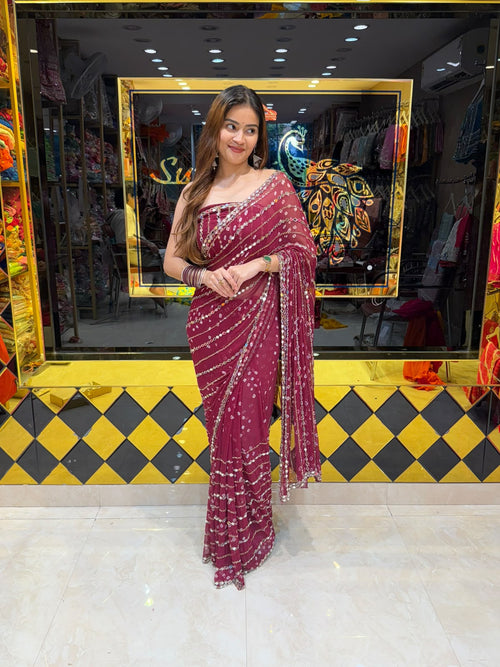 Maroon Katdana Premium Handwork Pure Chiffon Saree (452)
