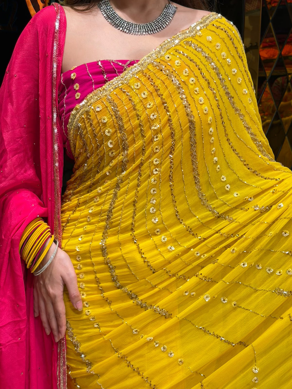 Yellow Saree With Contrast Duppatta Set (451)