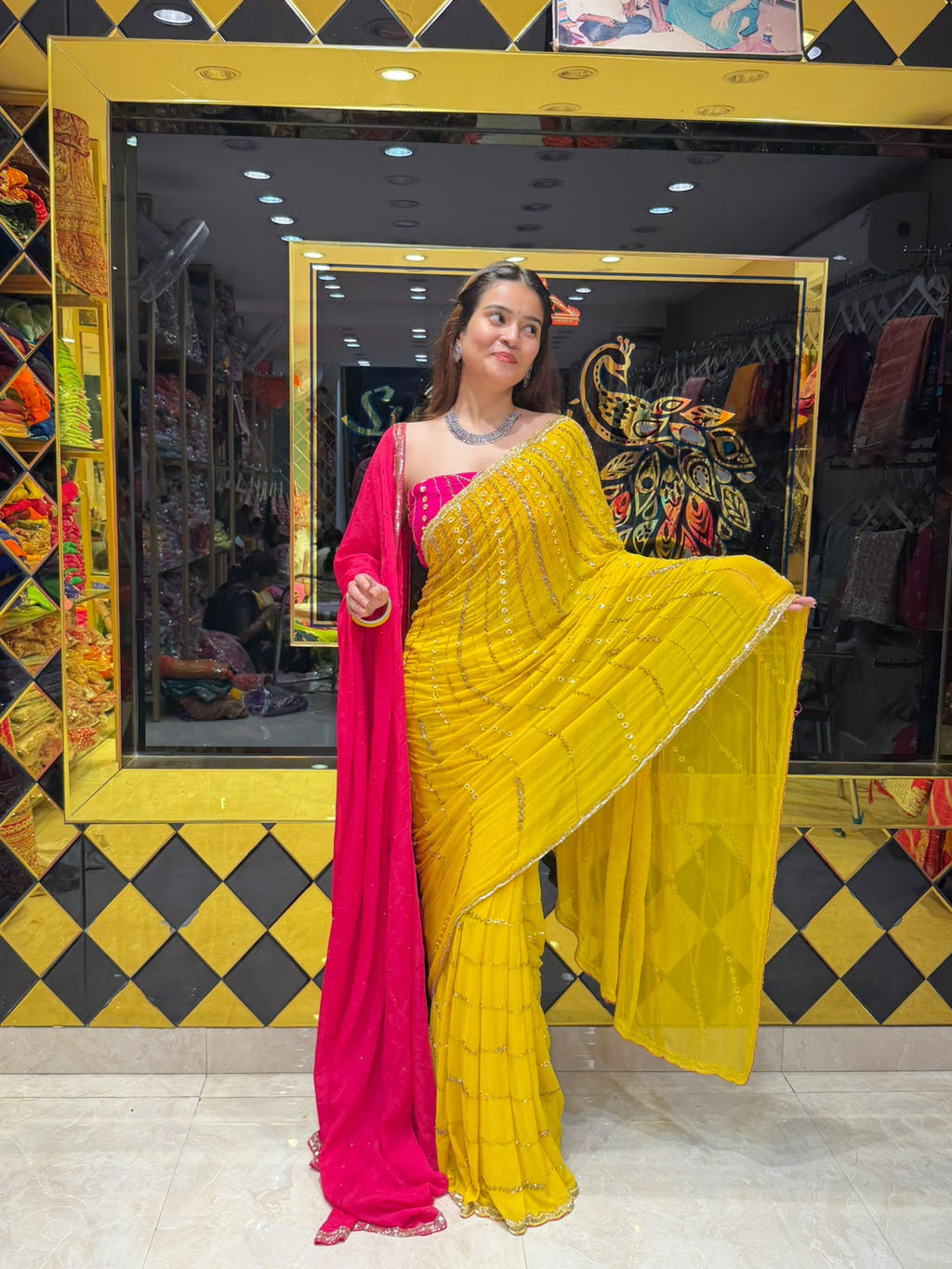Yellow Saree With Contrast Duppatta Set (451)