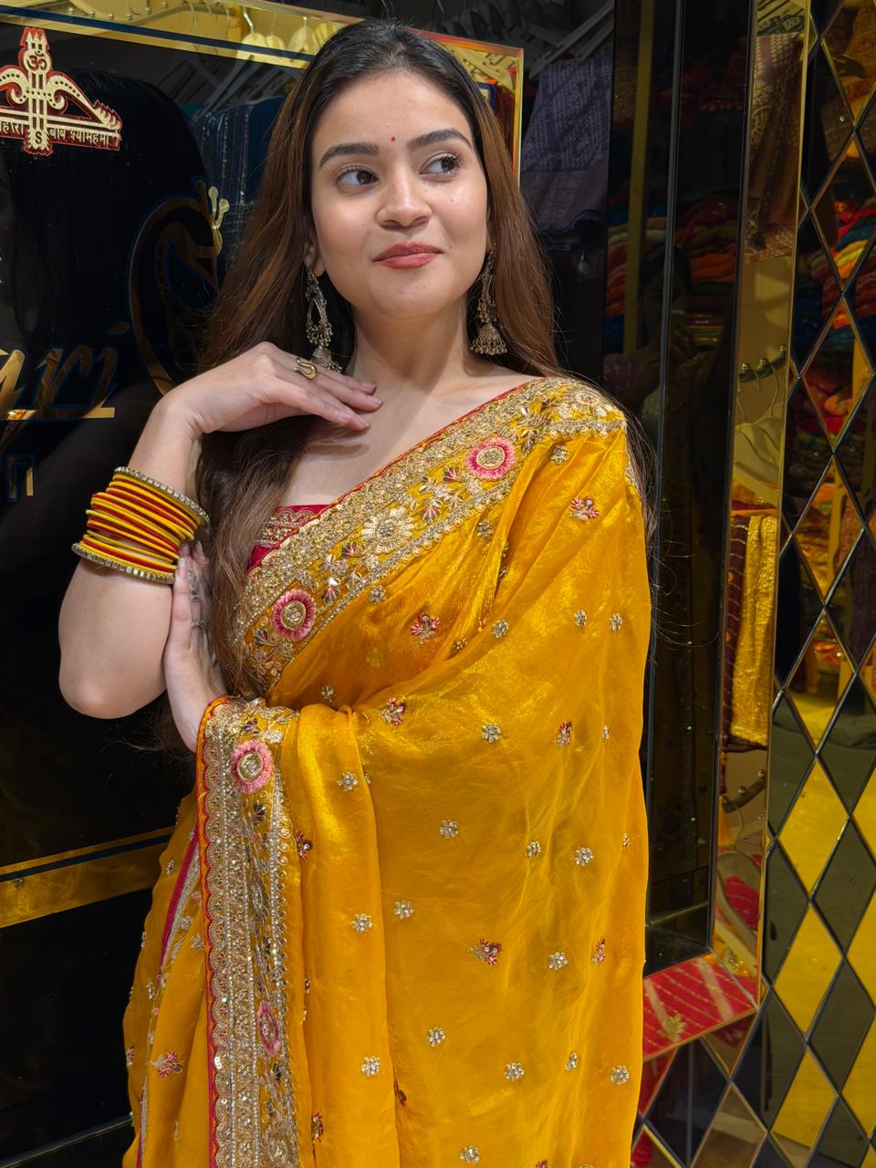 Mustard Yellow Multiwork Designer Saree (455)