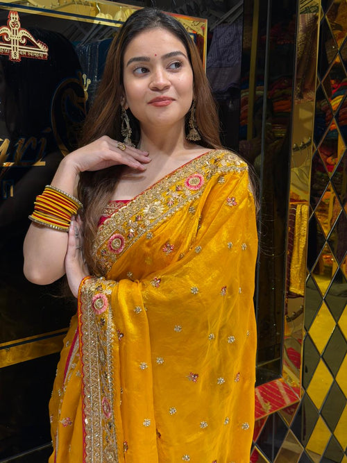 Mustard Yellow Multiwork Designer Saree (455)