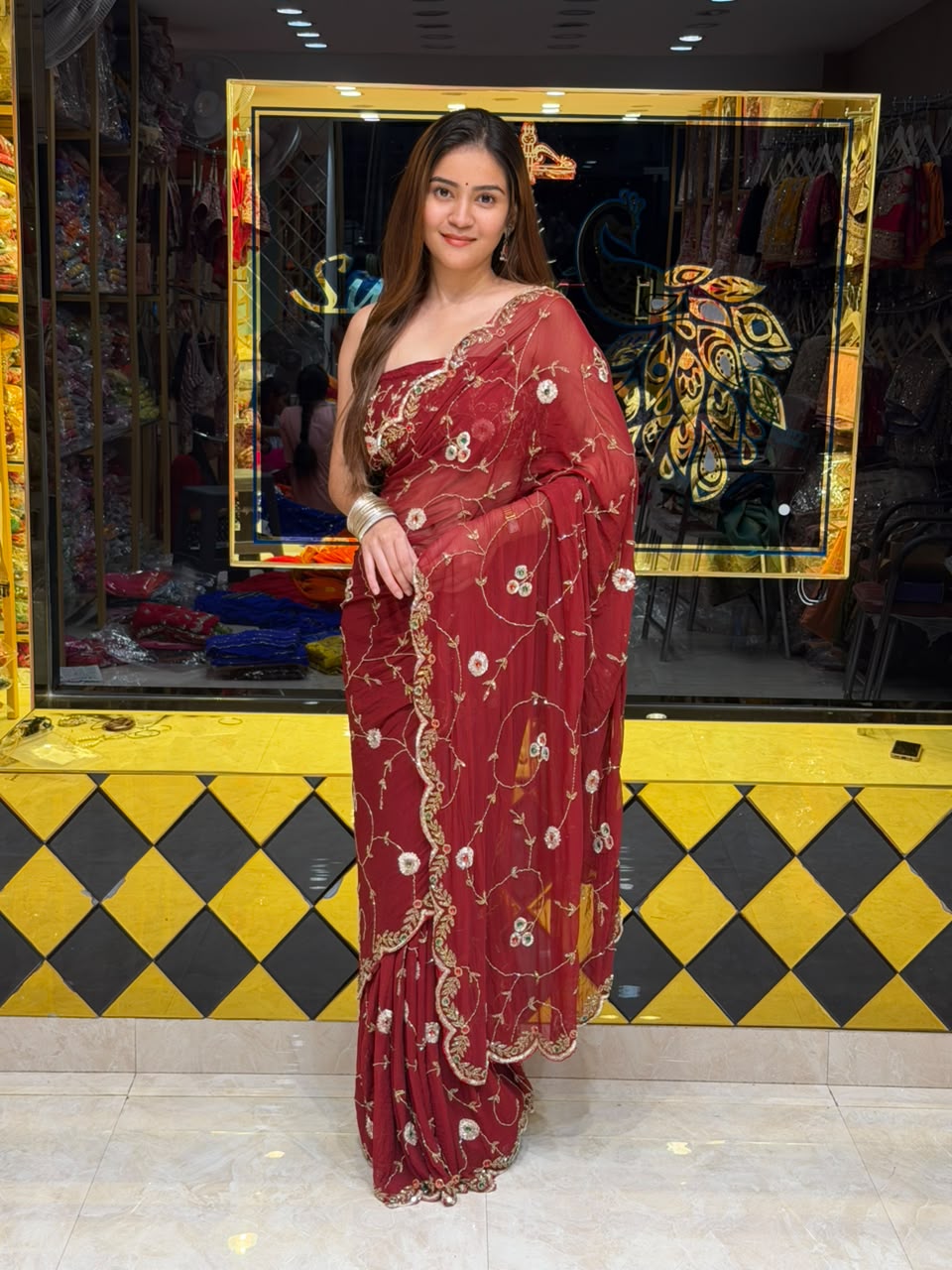 Maroon Multiple Sequence Handwork Chiffon Saree (456)