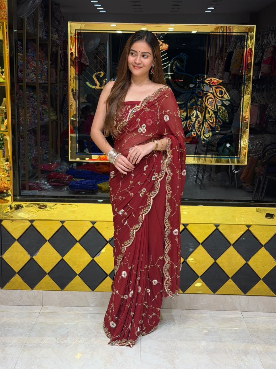 Maroon Multiple Sequence Handwork Chiffon Saree (456)