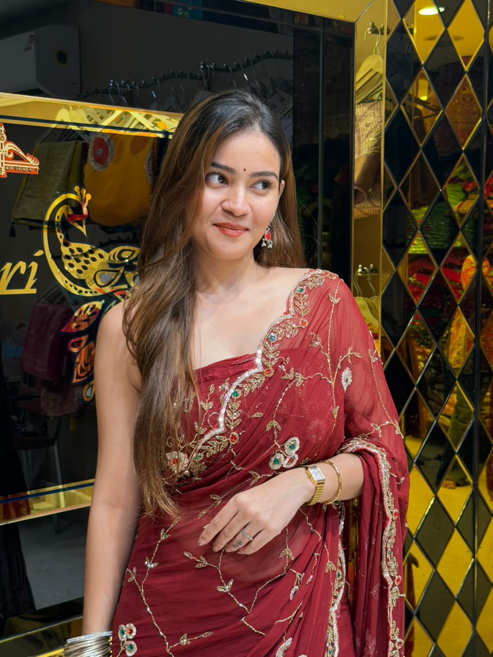 Maroon Multiple Sequence Handwork Chiffon Saree (456)