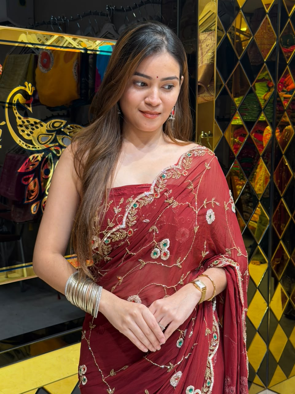 Maroon Multiple Sequence Handwork Chiffon Saree (456)