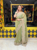 Glass Silk Pista Green Multiwork Handcrafted Saree (459)