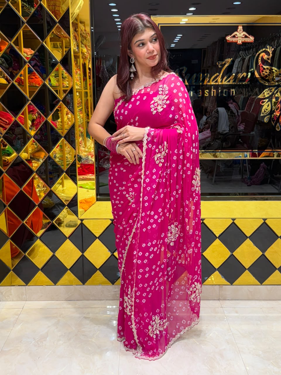 Rani Pink Bandhej Designer Saree (467)
