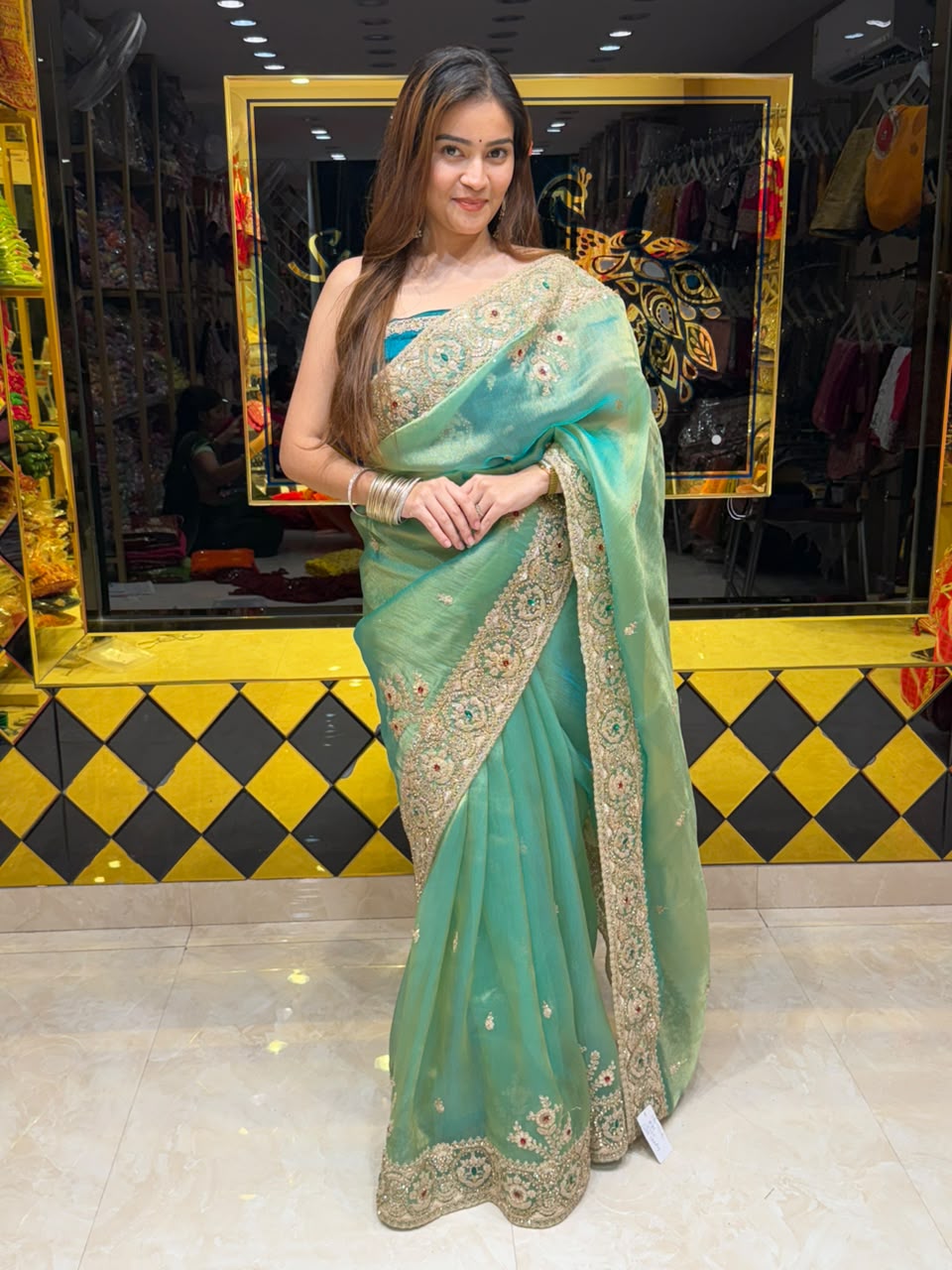 Sea Green Glass Silk Designer Saree (468)