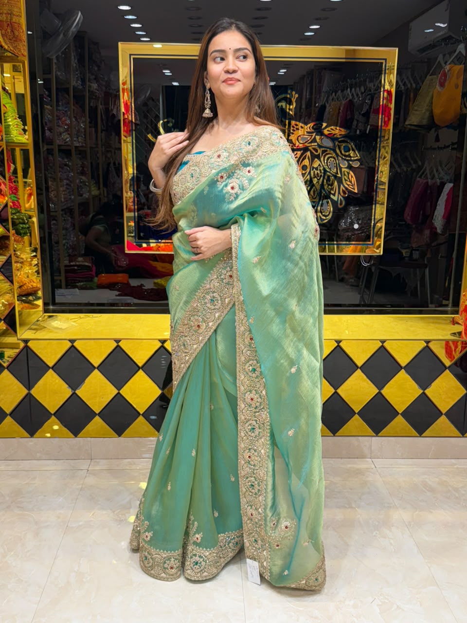 Sea Green Glass Silk Designer Saree (468)