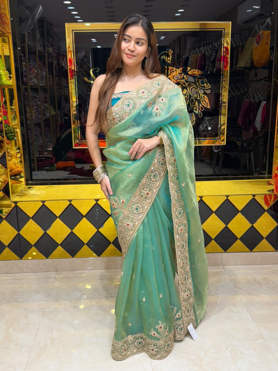 Sea Green Glass Silk Designer Saree (468)