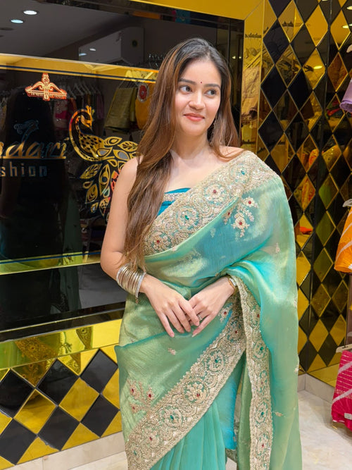 Sea Green Glass Silk Designer Saree (468)