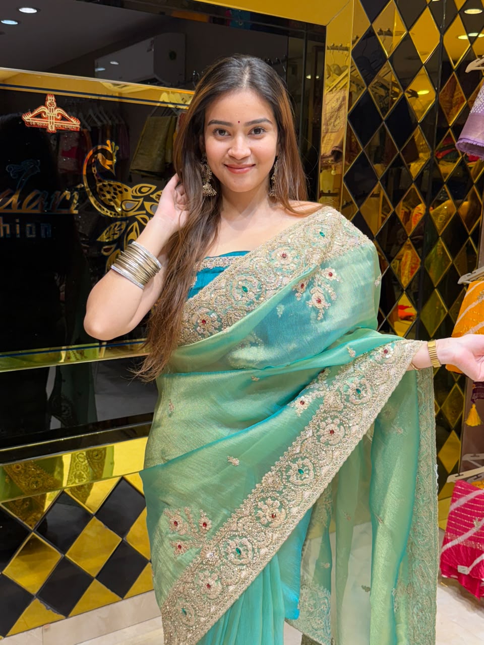 Sea Green Glass Silk Designer Saree (468)