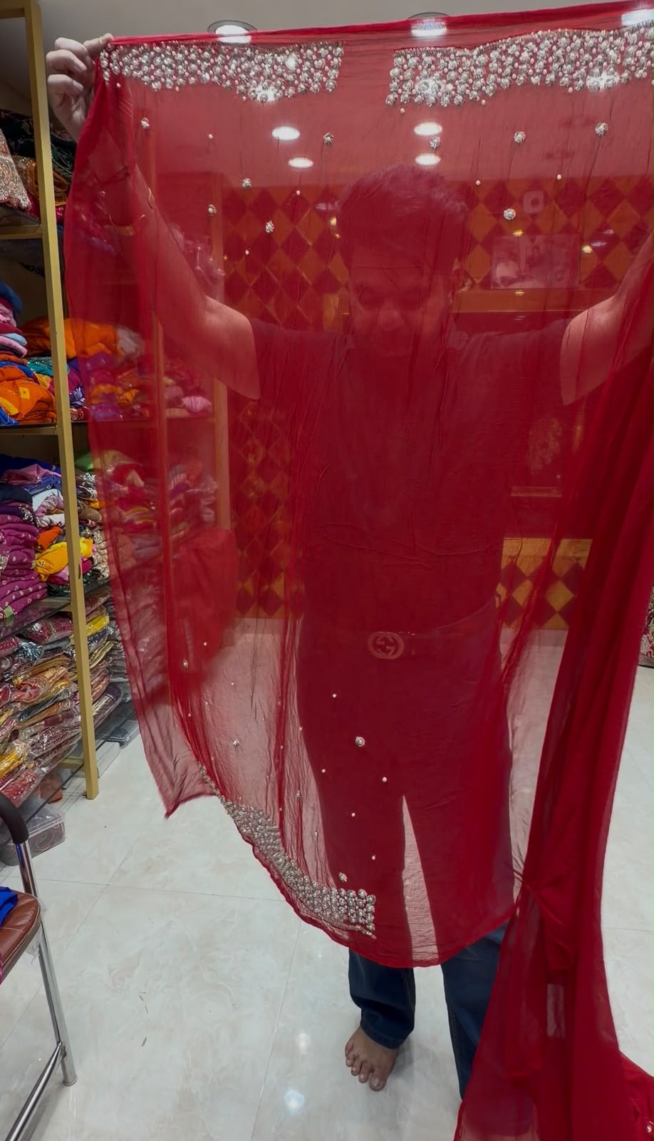 Red Pure Chiffon Premium Handwork Saree (469)