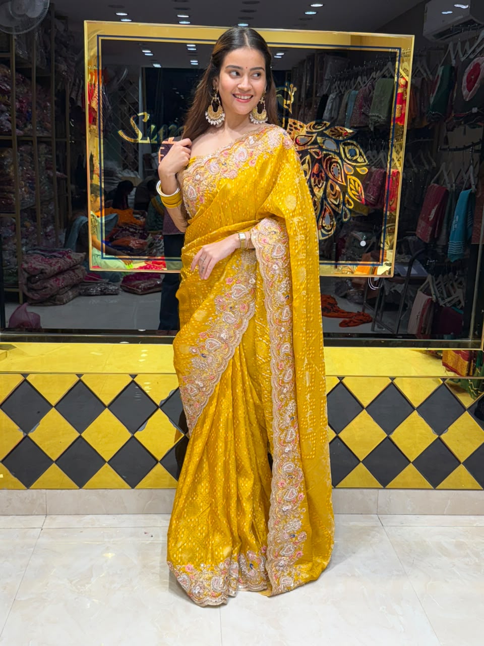 Mustard Yellow Munga Silk Designer Saree