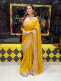 Mustard Yellow Munga Silk Designer Saree