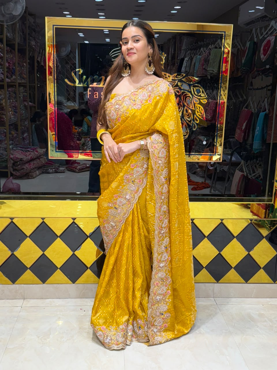 Mustard Yellow Munga Silk Designer Saree