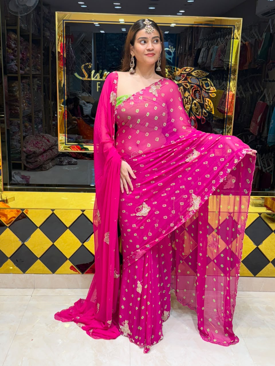 Rani Pink Bandhej Designer Saree with Dupatta Set ( 471)