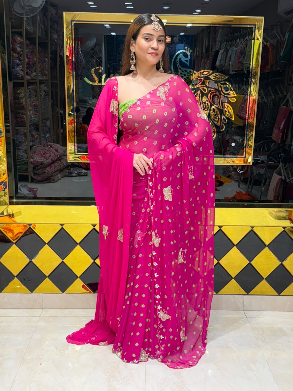 Rani Pink Bandhej Designer Saree with Dupatta Set ( 471)
