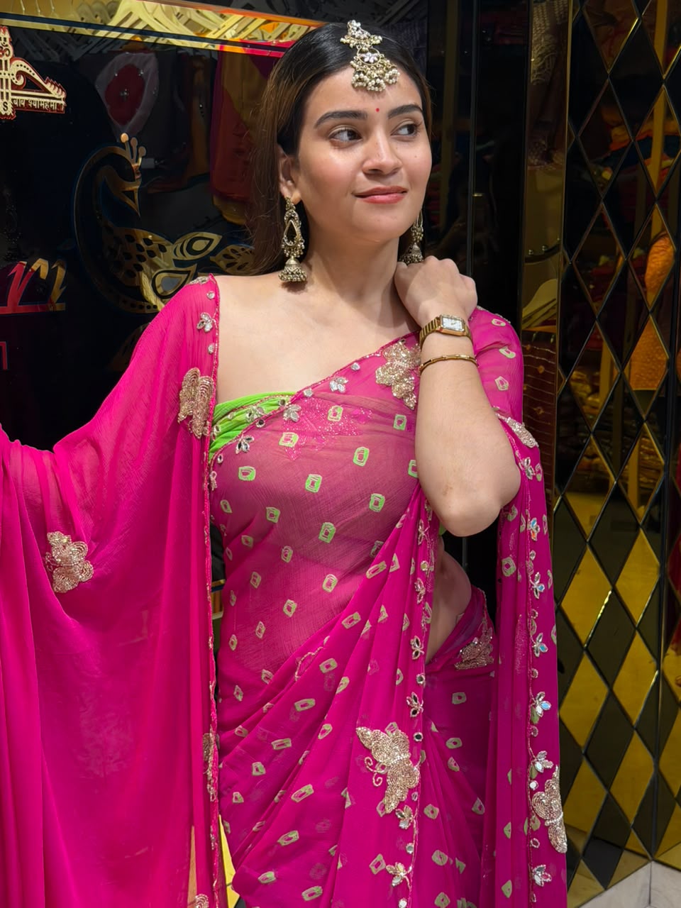 Rani Pink Bandhej Designer Saree with Dupatta Set ( 471)