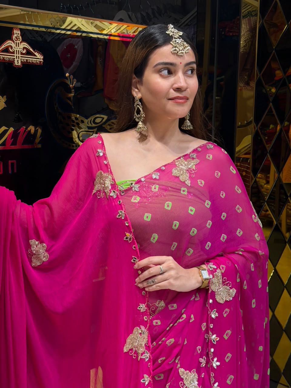 Rani Pink Bandhej Designer Saree with Dupatta Set ( 471)