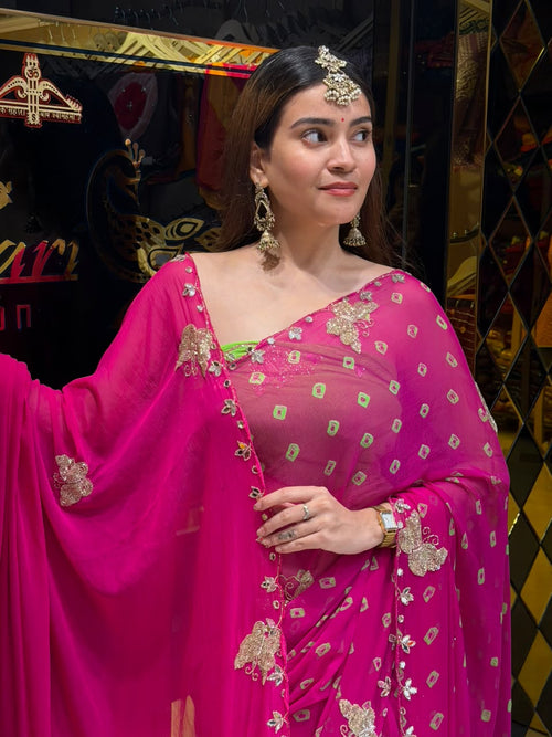 Rani Pink Bandhej Designer Saree with Dupatta Set ( 471)