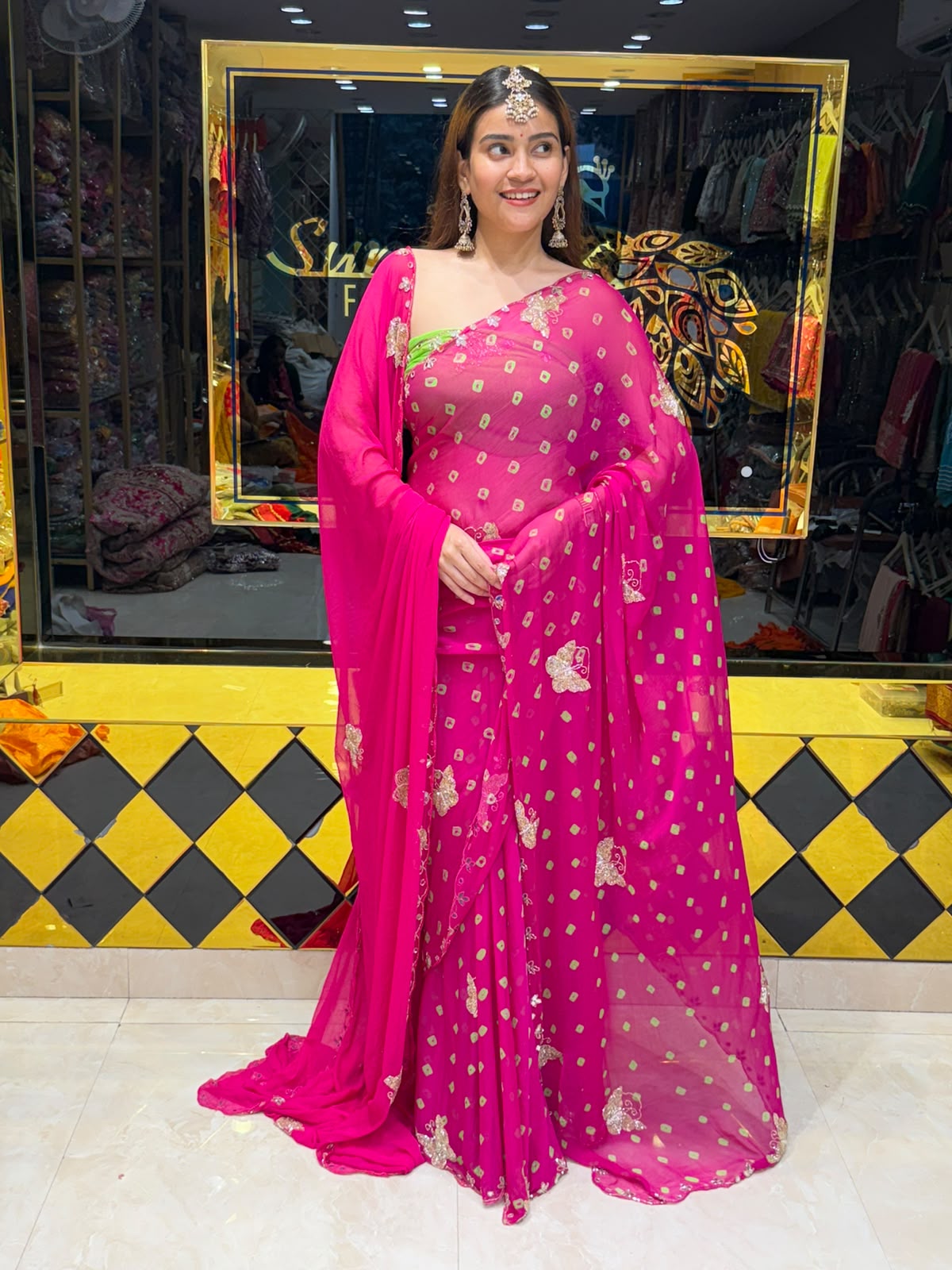 Rani Pink Bandhej Designer Saree with Dupatta Set ( 471)