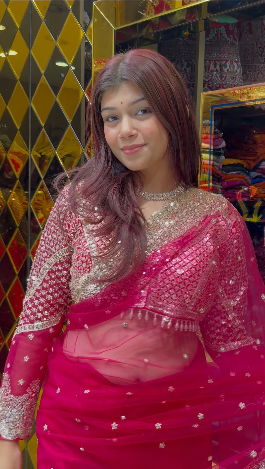 Hot Pink Korean Net Silk Designer Saree with Readymade Blouse (476)