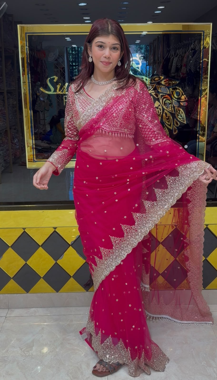 Hot Pink Korean Net Silk Designer Saree with Readymade Blouse (476)
