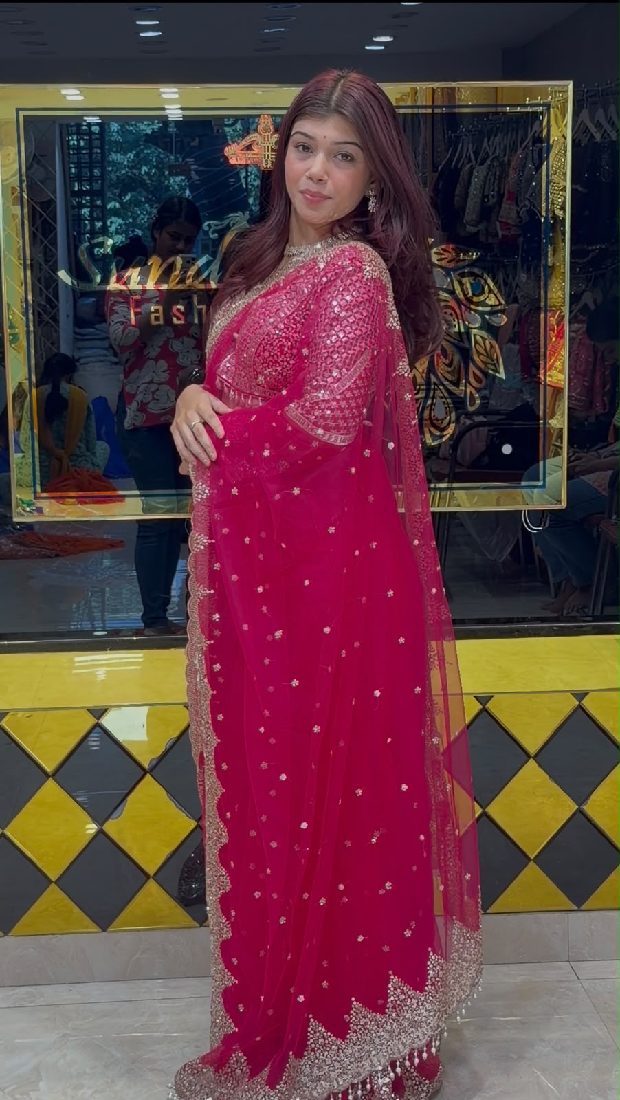 Hot Pink Korean Net Silk Designer Saree with Readymade Blouse (476)