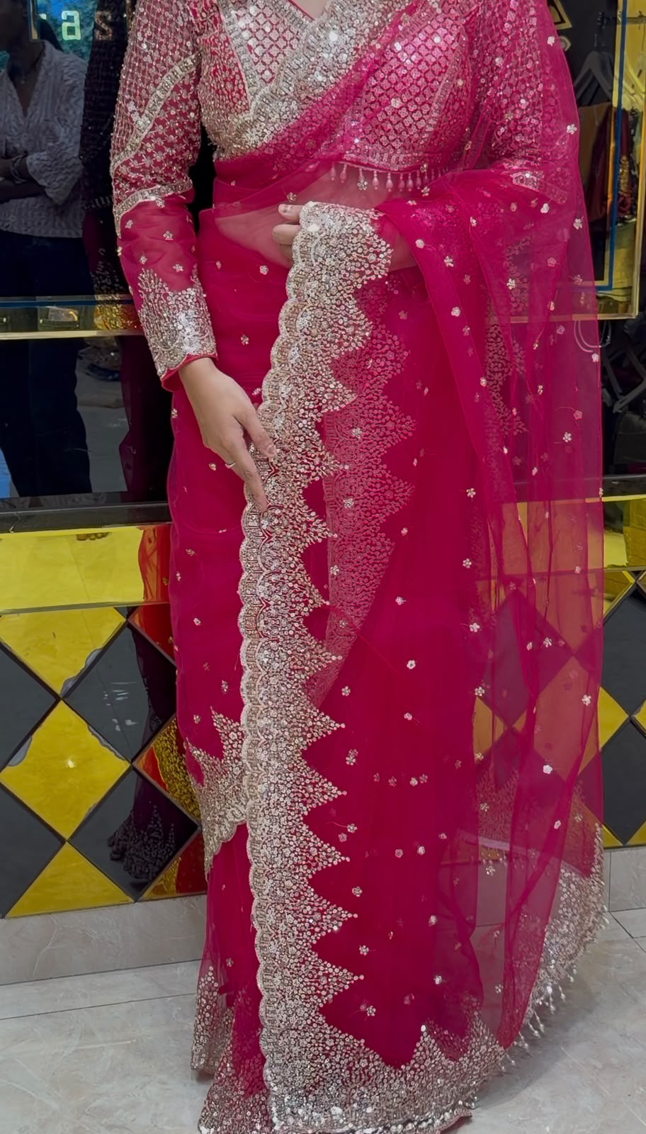 Hot Pink Korean Net Silk Designer Saree with Readymade Blouse (476)