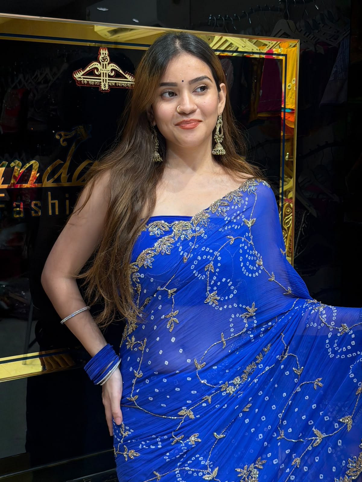 Royal Blue Bandhej Jarkan & Diamond Designer Saree (481)