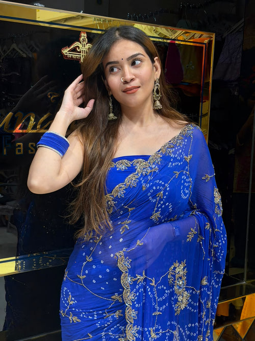 Royal Blue Bandhej Jarkan & Diamond Designer Saree (481)