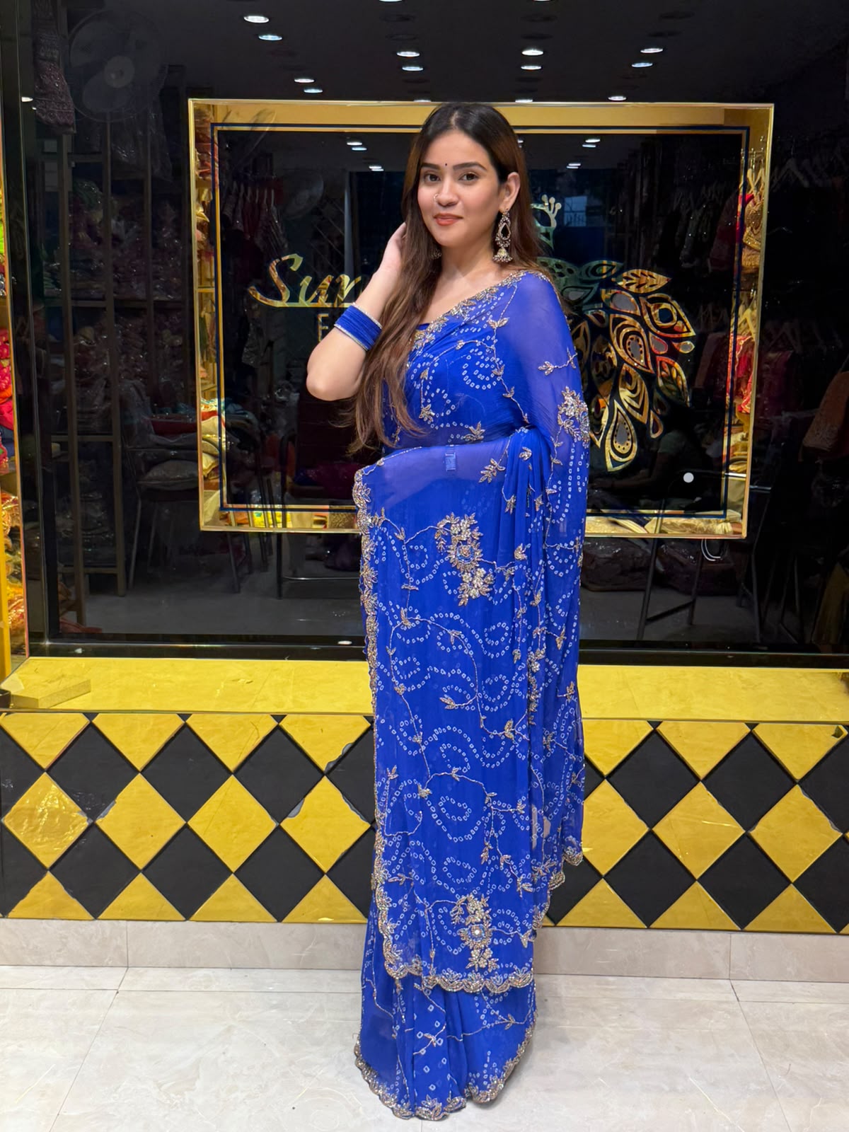 Royal Blue Bandhej Jarkan & Diamond Designer Saree (481)
