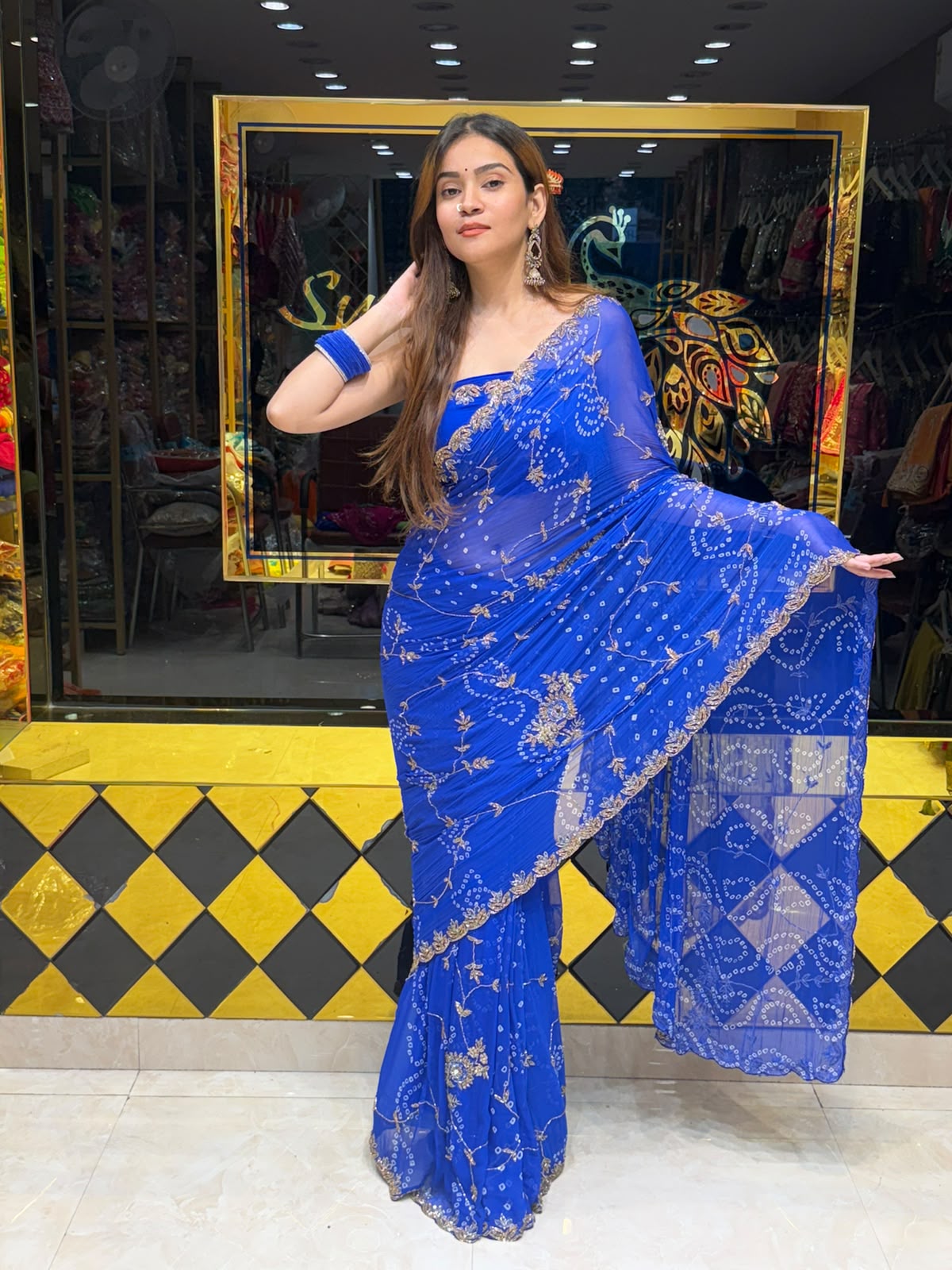 Royal Blue Bandhej Jarkan & Diamond Designer Saree (481)