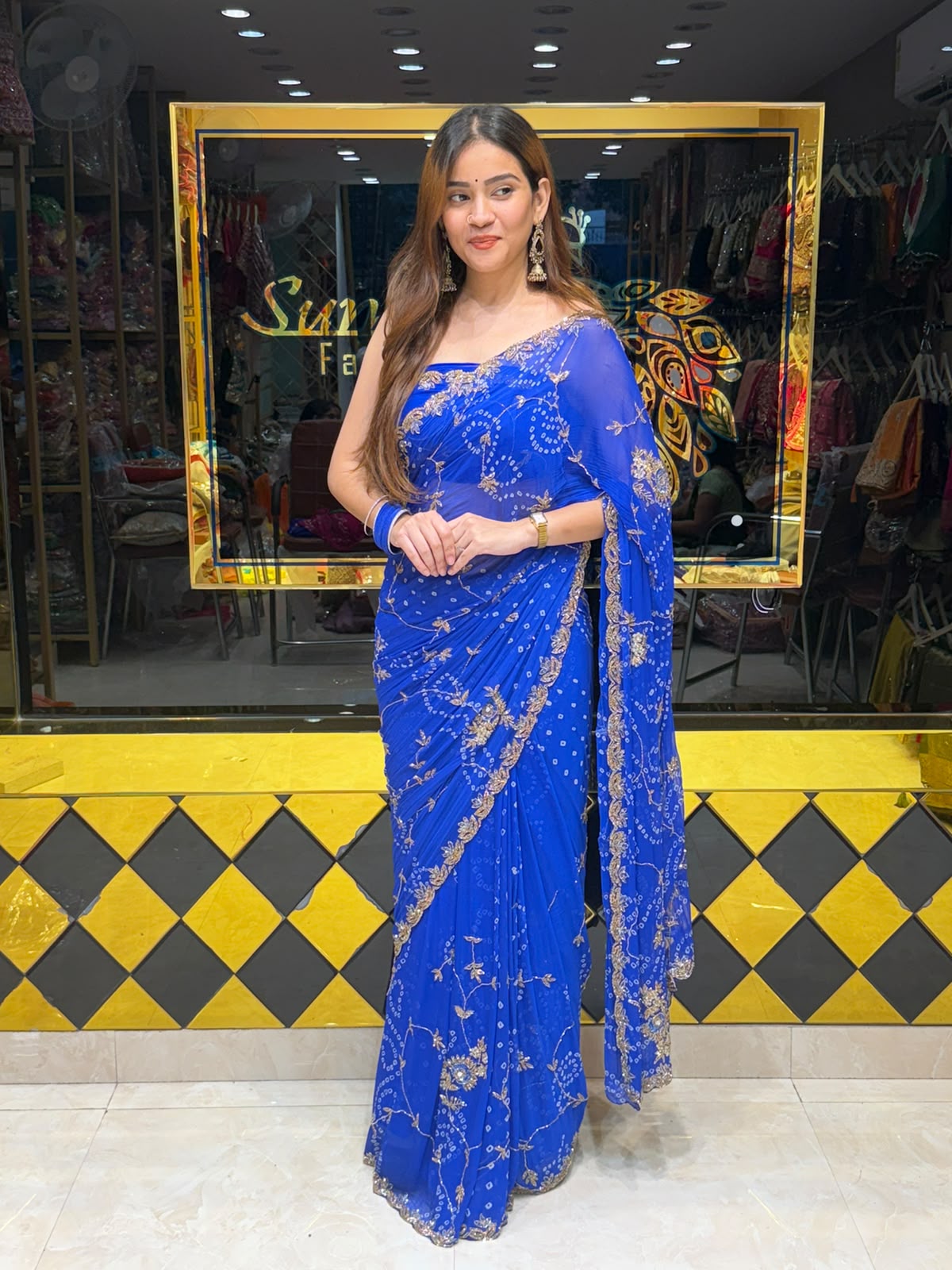 Royal Blue Bandhej Jarkan & Diamond Designer Saree (481)