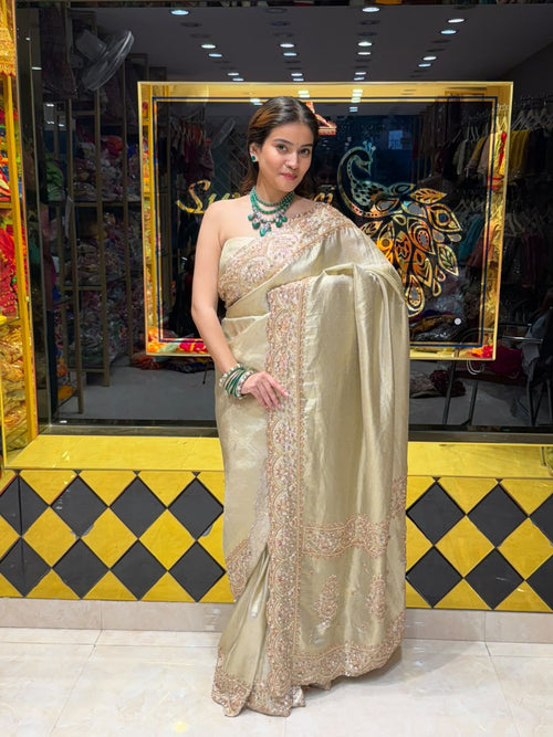 Cream Zari Silk Multiple Work Designer Saree (484)