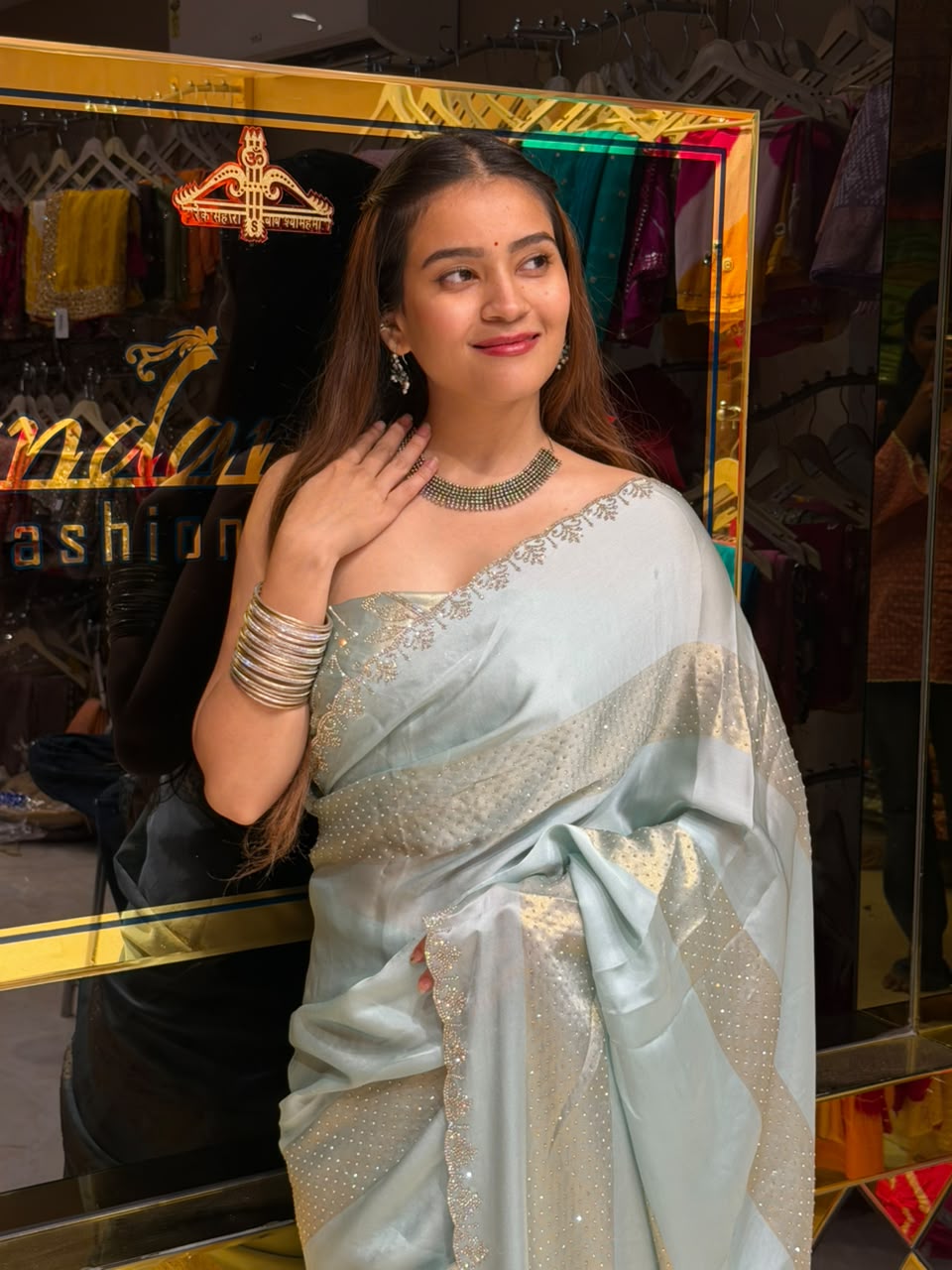 Ice Blue Silk Swarovski Designer Saree (486)