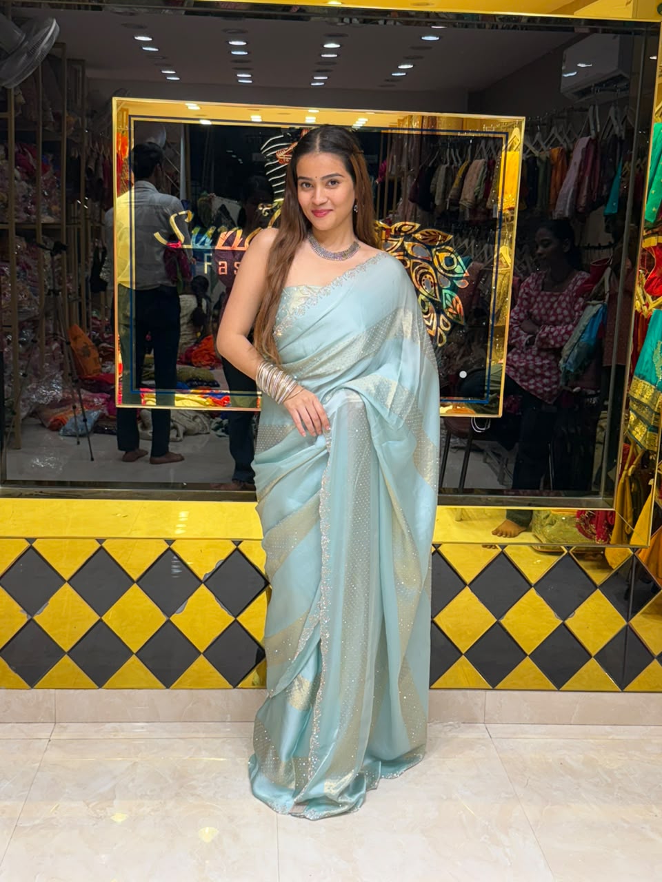 Ice Blue Silk Swarovski Designer Saree (486)